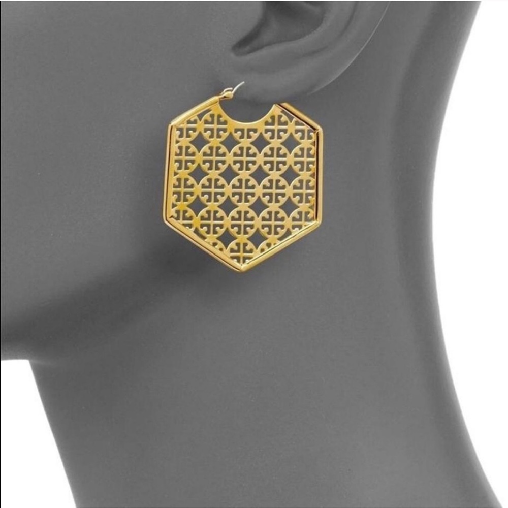 Tory Burch Gold Hexagon Perforated Hoop Earrings - Picture 8 of 8